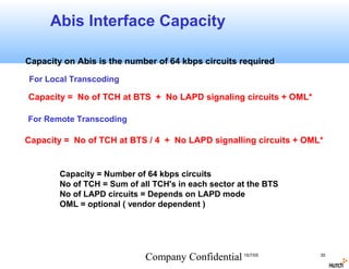 Abis Interface Capacity

Capacity on Abis is the number of 64 kbps circuits required

For Local Transcoding

Capacity = No of TCH at BTS + No LAPD signaling circuits + OML*

For Remote Transcoding

Capacity = No of TCH at BTS / 4 + No LAPD signalling circuits + OML*


        Capacity = Number of 64 kbps circuits
        No of TCH = Sum of all TCH's in each sector at the BTS
        No of LAPD circuits = Depends on LAPD mode
        OML = optional ( vendor dependent )




                             Company Confidential 15/7/05          35
 