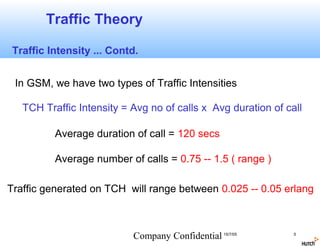 Traffic Theory

 Traffic Intensity ... Contd.


 In GSM, we have two types of Traffic Intensities

   TCH Traffic Intensity = Avg no of calls x Avg duration of call

          Average duration of call = 120 secs

          Average number of calls = 0.75 -- 1.5 ( range )

Traffic generated on TCH will range between 0.025 -- 0.05 erlang



                           Company Confidential 15/7/05        5
 
