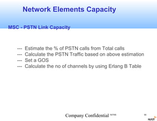 Network Elements Capacity

MSC - PSTN Link Capacity



   ---   Estimate the % of PSTN calls from Total calls
   ---   Calculate the PSTN Traffic based on above estimation
   ---   Set a GOS
   ---   Calculate the no of channels by using Erlang B Table




                          Company Confidential 15/7/05          50
 