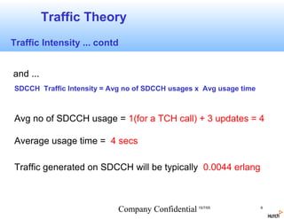 Traffic Theory
Traffic Intensity ... contd


and ...
SDCCH Traffic Intensity = Avg no of SDCCH usages x Avg usage time



Avg no of SDCCH usage = 1(for a TCH call) + 3 updates = 4

Average usage time = 4 secs

Traffic generated on SDCCH will be typically 0.0044 erlang



                            Company Confidential 15/7/05            6
 