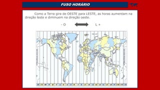 FUSO HORÁRIO 
Como a Terra gira de OESTE para LESTE, as horas aumentam na
direção leste e diminuem na direção oeste.
- O L +
 