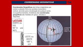 COORDENADAS GEOGRAFICAS 
Coordenadas Geográficas são linhas imaginárias que
cortam o planeta Terra nos sentidos horizontal e
vertical, servindo para a localização de qualquer ponto
na superfície terrestre. A distância das coordenadas
geográficas são medidas em graus, minutos e
segundos.
LATITUDE
NORTE ou
SUL
90º N até
90ºS
LESTE ou
OESTE
180º L
até
LONGITUDE
 