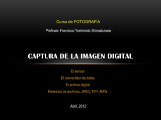 Curso de FOTOGRAFÍA

    Profesor: Francisco Yoshimoto Shimabukuro




CAPTURA DE LA IMAGEN DIGITAL
                   El sensor
             El convertidor de datos
                El archivo digital
     Formatos de archivos; JPEG, TIFF, RAW


                   Abril, 2012
 
