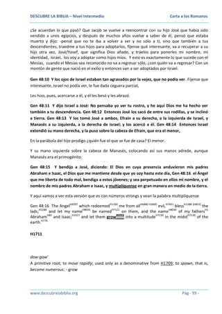 DESCUBRE LA BIBLIA – Nivel Intermedio

Carta a los Romanos

¿Se acuerdan lo que pasó? Que Jacob se vuelve a reencontrar con su hijo José que había sido
vendido a unos egipcios, y después de muchos años vuelve a saber de él, pensó que estaba
muerto y dijo: -pensé que no te iba a volver a ver y no sólo a ti, sino que también a tus
descendientes, traedme a tus hijos para adoptarlos, fíjense qué interesante, va a recuperar a su
hijo otra vez, José/Yosef, que significa Dios añade, y tráelos para ponerles mi nombre, mi
identidad, Israel, los voy a adoptar como hijos míos. Y esto es exactamente lo que sucede con el
Mesías, cuando el Mesías sea reconocido no va a regresar sólo, ¿con quién va a regresar? Con un
montón de gente que nació en el exilio y entonces van a ser adoptados por Israel.
Gen 48:10 Y los ojos de Israel estaban tan agravados por la vejez, que no podía ver. Fíjense que
interesante, Israel no podía ver, le fue dada ceguera parcial,
Les hizo, pues, acercarse a él, y él les besó y les abrazó.
Gen 48:11 Y dijo Israel a José: No pensaba yo ver tu rostro, y he aquí Dios me ha hecho ver
también a tu descendencia. Gen 48:12 Entonces José los sacó de entre sus rodillas, y se inclinó
a tierra. Gen 48:13 Y los tomó José a ambos, Efraín a su derecha, a la izquierda de Israel, y
Manasés a su izquierda, a la derecha de Israel; y los acercó a él. Gen 48:14 Entonces Israel
extendió su mano derecha, y la puso sobre la cabeza de Efraín, que era el menor,
En la parábola del hijo prodigo ¿quién fue el que se fue de casa? El menor.
Y su mano izquierda sobre la cabeza de Manasés, colocando así sus manos adrede, aunque
Manasés era el primogénito.
Gen 48:15 Y bendijo a José, diciendo: El Dios en cuya presencia anduvieron mis padres
Abraham e Isaac, el Dios que me mantiene desde que yo soy hasta este día, Gen 48:16 el Ángel
que me liberta de todo mal, bendiga a estos jóvenes; y sea perpetuado en ellos mi nombre, y el
nombre de mis padres Abraham e Isaac, y multiplíquense en gran manera en medio de la tierra.
Y aquí vamos a ver esta versión que es con números strongs y vean la palabra multiplíquense
Gen 48:16 The AngelH4397 which redeemedH1350 me from allH4480 H3605 evil,H7451 blessH1288 (H853) the
lads;H5288 and let my nameH8034 be namedH7121 on them, and the nameH8034 of my fathersH1
AbrahamH85 and Isaac;H3327 and let them growH1711 into a multitudeH7230 in the midstH7130 of the
earth.H776
H1711

daw-gaw'
A primitive root; to move rapidly; used only as a denominative from H1709; to spawn, that is,
become numerous: - grow

www.descubrelabiblia.org

Pág - 99 -

 