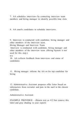 7. AA schedules interviews by contacting interview team
members and hiring manager to identify possible time slots
8. AA e...