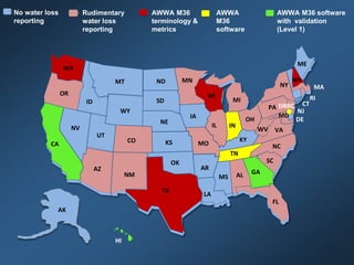 No water loss
reporting
Rudimentary
water loss
reporting
AWWA M36
terminology &
metrics
AWWA
M36
software
AWWA M36 software
with validation
(Level 1)
WA
OR
TX
WI
MN
IL IN
WV
MD
PA
NH
TN
GA
FL
CA
NM
MO
KY
VA
NC
SC
NY
OH
ID
NV
UT
AZ
MT
OK
WY
CO
ND
SD
NE
KS
IA
MI
ME
MA
ALMS
AR
LA
AK
HI
DE
NJ
CT
RI
DRBC
 