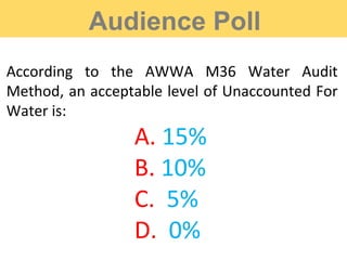 Audience Poll
According to the AWWA M36 Water Audit
Method, an acceptable level of Unaccounted For
Water is:
A. 15%
B. 10%
C. 5%
D. 0%
 