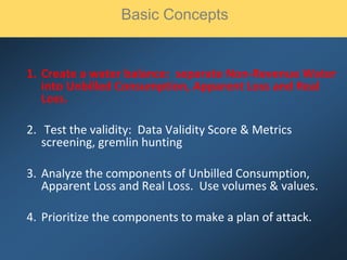 1. Create a water balance: separate Non-Revenue Water
into Unbilled Consumption, Apparent Loss and Real
Loss.
2. Test the validity: Data Validity Score & Metrics
screening, gremlin hunting
3. Analyze the components of Unbilled Consumption,
Apparent Loss and Real Loss. Use volumes & values.
4. Prioritize the components to make a plan of attack.
Basic Concepts
 