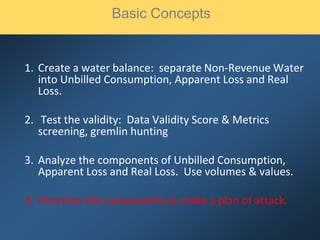 1. Create a water balance: separate Non-Revenue Water
into Unbilled Consumption, Apparent Loss and Real
Loss.
2. Test the validity: Data Validity Score & Metrics
screening, gremlin hunting
3. Analyze the components of Unbilled Consumption,
Apparent Loss and Real Loss. Use volumes & values.
4. Prioritize the components to make a plan of attack.
Basic Concepts
 