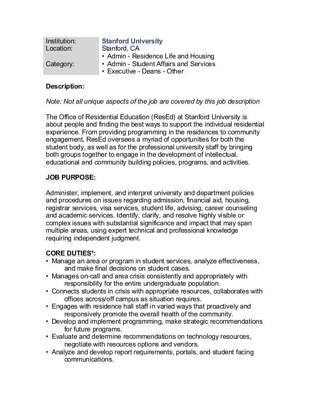residence dean stanford job description career counselor job description