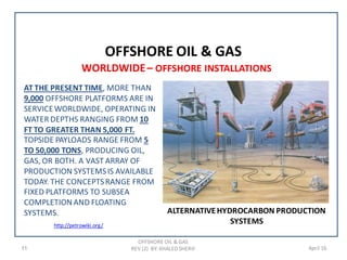 11 April 16
WORLDWIDE– OFFSHORE INSTALLATIONS
OFFSHORE OIL & GAS
OFFSHORE OIL & GAS
REV (2) BY: KHALED SHERIF
AT THE PRESENT TIME, MORE THAN
9,000 OFFSHORE PLATFORMS ARE IN
SERVICEWORLDWIDE, OPERATING IN
WATER DEPTHS RANGING FROM 10
FT TO GREATER THAN 5,000 FT.
TOPSIDE PAYLOADS RANGE FROM 5
TO 50,000 TONS, PRODUCING OIL,
GAS, OR BOTH. A VAST ARRAY OF
PRODUCTION SYSTEMSIS AVAILABLE
TODAY. THE CONCEPTSRANGE FROM
FIXED PLATFORMS TO SUBSEA
COMPLETIONAND FLOATING
SYSTEMS.
http://petrowiki.org/
ALTERNATIVEHYDROCARBON PRODUCTION
SYSTEMS
 