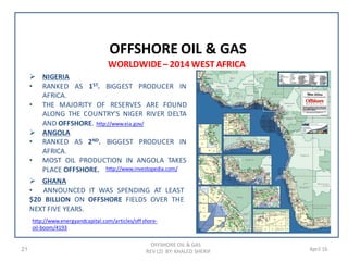 OFFSHORE OIL & GAS
REV (2) BY: KHALED SHERIF21 April 16
WORLDWIDE– 2014 WEST AFRICA
OFFSHORE OIL & GAS
 GHANA
• ANNOUNCED IT WAS SPENDING AT LEAST
$20 BILLION ON OFFSHORE FIELDS OVER THE
NEXT FIVE YEARS.
http://www.energyandcapital.com/articles/off shore-
oil-boom/4193
 NIGERIA
• RANKED AS 1ST. BIGGEST PRODUCER IN
AFRICA.
• THE MAJORITY OF RESERVES ARE FOUND
ALONG THE COUNTRY'S NIGER RIVER DELTA
AND OFFSHORE. http://www.eia.gov/
 ANGOLA
• RANKED AS 2ND. BIGGEST PRODUCER IN
AFRICA.
• MOST OIL PRODUCTION IN ANGOLA TAKES
PLACE OFFSHORE. http://www.investopedia.com/
 