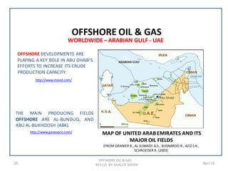OFFSHORE OIL & GAS
REV (2) BY: KHALED SHERIF25 April 16
WORLDWIDE– ARABIAN GULF - UAE
http://www.geoexpro.com/
OFFSHORE OIL & GAS
THE MAIN PRODUCING FIELDS
OFFSHORE ARE AL-BUNDUQ, AND
ABU AL-BUKHOOSH (ABK).
MAP OF UNITED ARABEMIRATES AND ITS
MAJOR OIL FIELDS
(FROM GRANIER B., AL SUWAIDI A.S., BUSNARDO R., AZIZ S.K.,
SCHROEDER R. (2003)
OFFSHORE DEVELOPMENTS ARE
PLAYING A KEY ROLE IN ABU DHABI’S
EFFORTS TO INCREASE ITS CRUDE
PRODUCTION CAPACITY.
http://www.meed.com/
 