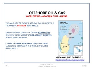 OFFSHORE OIL & GAS
REV (2) BY: KHALED SHERIF26 April 16
WORLDWIDE– ARABIAN GULF - QATAR
OFFSHORE OIL & GAS
https://chronicle.fanack.com/qatar/economy/
THE MAJORITY OF QATAR'S NATURAL GAS IS LOCATED IN
THE MASSIVE OFFSHORE NORTH FIELD.
QATAR CONTAINS 14% OF ALL KNOWN NATURAL-GAS
RESERVES, AS THE WORLD'S THIRD-LARGEST RESERVES,
BEHIND RUSSIA AND IRAN.
QATAROIL AND GAS FIELDS
CURRENTLY QATAR PETROLEUM (QP) IS THE THIRD
LARGEST OIL COMPANY IN THE WORLD BY OIL AND
GAS RESERVES.
 