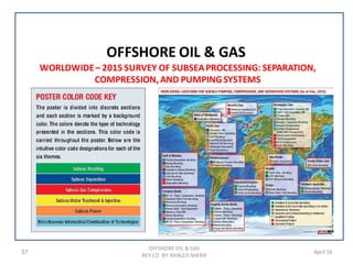 57 April 16
OFFSHORE OIL & GAS
OFFSHORE OIL & GAS
REV (2) BY: KHALED SHERIF
WORLDWIDE– 2015 SURVEY OF SUBSEAPROCESSING: SEPARATION,
COMPRESSION,AND PUMPINGSYSTEMS
 