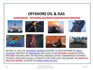 60 April 16
OFFSHORE OIL & GAS
OFFSHORE OIL & GAS
REV (2) BY: KHALED SHERIF
WORLDWIDE– OFFSHORE ACCIDENTS (DEEPWATER HORIZON)
ON APRIL 21, 2010, THE DEEPWATER HORIZON PLATFORM, 52 MILES OFFSHORE OF VENICE,
LOUISIANA, (PROPERTY OF TRANSOCEAN AND LEASED TO BP) EXPLODED, KILLING 11 PEOPLE,
AND SANK TWO DAYS LATER. THE RESULTING UNDERSEA GUSHER, CONSERVATIVELY ESTIMATED
TO EXCEED 20 MILLION US Gallons (76,000 M3) AS OF EARLY JUNE, 2010, BECAME THE WORST OIL
SPILL IN US HISTORY, ECLIPSING THE EXXON VALDEZ OIL SPILL.
 