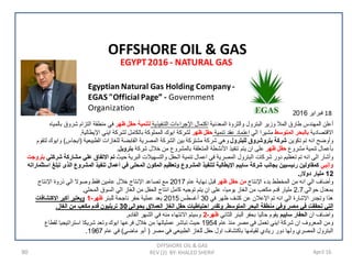 90 April 16
EGYPT2016 - NATURAL GAS
OFFSHORE OIL & GAS
REV (2) BY: KHALED SHERIF
OFFSHORE OIL & GAS
18‫ﻓﺑﺭﺍﻳﺭ‬2016:
Egyptian Natural Gas Holding Company-
EGAS "Official Page” - Government
Organization
‫ﺍﻟﻣﻌﺩﻧﻳﺔ‬ ‫ﻭﺍﻟﺛﺭﻭﺓ‬ ‫ﺍﻟﺑﺗﺭﻭﻝ‬ ‫ﻭﺯﻳﺭ‬ ‫ﺍﻟﻣﻼ‬ ‫ﻁﺎﺭﻕ‬ ‫ﺍﻟﻣﻬﻧﺩﺱ‬ ‫ﺃﻋﻠﻥ‬‫ﺍﻟﺗﻧﻔﻳﺫﻳﺔ‬ ‫ﺍﻹﺟﺭﺍءﺍﺕ‬ ‫ﺍﻛﺗﻣﺎﻝ‬‫ﻅﻬﺭ‬ ‫ﺣﻘﻝ‬ ‫ﻟﺗﻧﻣﻳﺔ‬‫ﺑﺎﻟﻣﻳﺎﻩ‬ ‫ﺷﺭﻭﻕ‬ ‫ﺍﻟﺗﺯﺍﻡ‬ ‫ﻣﻧﻁﻘﺔ‬ ‫ﻓﻲ‬
‫ﺍﻻﻗﺗﺻﺎﺩﻳﺔ‬‫ﺍﻟﻣﺗﻭﺳﻁ‬ ‫ﺑﺎﻟﺑﺣﺭ‬‫ﺍﻟﻲ‬ ‫ﻣﺷﻳﺭﺍ‬‫ﺗﻧﻣﻳﺔ‬ ‫ﻋﻘﺩ‬ ‫ﺍﻋﺗﻣﺎﺩ‬‫ﻅﻬﺭ‬ ‫ﺣﻘﻝ‬‫ﺍﻹﻳﻁﺎﻟﻳﺔ‬ ‫ﺍﻳﻧﻲ‬ ‫ﻟﺷﺭﻛﺔ‬ ‫ﺑﺎﻟﻛﺎﻣﻝ‬ ‫ﺍﻟﻣﻣﻠﻭﻛﺔ‬ ‫ﺍﻳﻭﻙ‬ ‫ﻟﺷﺭﻛﺔ‬.
‫ﺗﻛﻭﻳﻥ‬ ‫ﺗﻡ‬ ‫ﺍﻧﻪ‬ ‫ﻭﺃﻭﺿﺢ‬‫ﻟﻠﺑﺗﺭﻭﻝ‬ ‫ﺑﺗﺭﻭﺷﺭﻭﻕ‬ ‫ﺷﺭﻛﺔ‬‫ﺍﻟﻁﺑﻳﻌﻳﺔ‬ ‫ﻟﻠﻐﺎﺯﺍﺕ‬ ‫ﺍﻟﻘﺎﺑﺿﺔ‬ ‫ﺍﻟﻣﺻﺭﻳﺔ‬ ‫ﺍﻟﺷﺭﻛﺔ‬ ‫ﺑﻳﻥ‬ ‫ﻣﺷﺗﺭﻛﺔ‬ ‫ﺷﺭﻛﺔ‬ ‫ﻭﻫﻲ‬)‫ﺍﻳﺟﺎﺱ‬(‫ﻟﺗﻘﻭﻡ‬ ‫ﻭﺍﻳﻭﻙ‬
‫ﻣﺷﺭﻭﻉ‬ ‫ﺗﻧﻣﻳﺔ‬ ‫ﺑﺄﻋﻣﺎﻝ‬‫ﻅﻬﺭ‬ ‫ﺣﻘﻝ‬‫ﺷﺭﻛﺔ‬ ‫ﺧﻼﻝ‬ ‫ﻣﻥ‬ ‫ﺑﺎﻟﻣﺷﺭﻭﻉ‬ ‫ﺍﻟﻣﺗﻌﻠﻘﺔ‬ ‫ﺍﻷﻧﺷﻁﺔ‬ ‫ﺗﻧﻔﻳﺫ‬ ‫ﻳﺗﻡ‬ ‫ﺍﻥ‬ ‫ﻋﻠﻰ‬‫ﺑﺗﺭﻭﺑﻝ‬.
‫ﺷﺭﻛﺎﺕ‬ ‫ﺩﻭﺭ‬ ‫ﺗﻌﻅﻳﻡ‬ ‫ﺗﻡ‬ ‫ﺍﻧﻪ‬ ‫ﺍﻟﻰ‬ ‫ﻭﺃﺷﺎﺭ‬‫ﺣﻳﺙ‬ ‫ﺍﻟﺑﺭﻳﺔ‬ ‫ﻭﺍﻟﺗﺳﻬﻳﻼﺕ‬ ‫ﺍﻟﺣﻘﻝ‬ ‫ﺗﻧﻣﻳﺔ‬ ‫ﺍﻋﻣﺎﻝ‬ ‫ﻓﻲ‬ ‫ﺍﻟﻣﺻﺭﻳﺔ‬ ‫ﺍﻟﺑﺗﺭﻭﻝ‬‫ﺷﺭﻛﺗﻲ‬ ‫ﻣﺷﺎﺭﻛﺔ‬ ‫ﻋﻠﻲ‬ ‫ﺍﻻﺗﻔﺎﻕ‬ ‫ﺗﻡ‬‫ﺑﺗﺭﻭﺟﺕ‬
‫ﻭﺍﻧﺑﻲ‬‫ﺍﺳﺗﺛﻣﺎﺭﺍﺗﻪ‬ ‫ﺗﺑﻠﻎ‬ ‫ﺍﻟﺫﻯ‬ ‫ﺍﻟﻣﺷﺭﻭﻉ‬ ‫ﺗﻧﻔﻳﺫ‬ ‫ﺃﻋﻣﺎﻝ‬ ‫ﻓﻲ‬ ‫ﺍﻟﻣﺣﻠﻰ‬ ‫ﺍﻟﻣﻛﻭﻥ‬ ‫ﻭﺗﻌﻅﻳﻡ‬ ‫ﺍﻟﻣﺷﺭﻭﻉ‬ ‫ﻟﺗﻧﻔﻳﺫ‬ ‫ﺍﻹﻳﻁﺎﻟﻳﺔ‬ ‫ﺳﺎﻳﺑﻡ‬ ‫ﺷﺭﻛﺔ‬ ‫ﺑﺟﺎﻧﺏ‬ ‫ﺭﺋﻳﺳﻳﻳﻥ‬ ‫ﻛﻣﻘﺎﻭﻟﻳﻥ‬
12‫ﺩﻭﻻﺭ‬ ‫ﻣﻠﻳﺎﺭ‬.
‫ﺍﻹﻧﺗﺎﺝ‬ ‫ﺑﺩء‬ ‫ﺍﻟﻣﺧﻁﻁ‬ ‫ﻣﻥ‬ ‫ﺍﻧﻪ‬ ‫ﺍﻟﻲ‬ ‫ﻭﺃﺿﺎﻑ‬‫ﻅﻬﺭ‬ ‫ﺣﻘﻝ‬ ‫ﻣﻥ‬‫ﻋﺎﻡ‬ ‫ﻧﻬﺎﻳﺔ‬ ‫ﻗﺑﻝ‬2017‫ﺍﻹﻧﺗﺎﺝ‬ ‫ﺫﺭﻭﺓ‬ ‫ﺍﻟﻲ‬ ‫ﻭﺻﻭﻻ‬ ‫ﻓﻘﻁ‬ ‫ﻋﺎﻣﻳﻥ‬ ‫ﺧﻼﻝ‬ ‫ﺍﻹﻧﺗﺎﺝ‬ ‫ﺗﺻﺎﻋﺩ‬ ‫ﻣﻊ‬
‫ﺣﻭﺍﻟﻲ‬ ‫ﺑﻣﻌﺩﻝ‬2.7‫ﺍﻟﻣﺣﻠﻲ‬ ‫ﺍﻟﺳﻭﻕ‬ ‫ﺍﻟﻲ‬ ‫ﺍﻟﻐﺎﺯ‬ ‫ﻣﻥ‬ ‫ﺍﻟﺣﻘﻝ‬ ‫ﺍﻧﺗﺎﺝ‬ ‫ﻛﺎﻣﻝ‬ ‫ﺗﻭﺟﻳﻪ‬ ‫ﻳﺗﻡ‬ ‫ﺍﻥ‬ ‫ﻋﻠﻰ‬ ،‫ﻳﻭﻣﻳﺎ‬ ‫ﺍﻟﻐﺎﺯ‬ ‫ﻣﻥ‬ ‫ﻣﻛﻌﺏ‬ ‫ﻗﺩﻡ‬ ‫ﻣﻠﻳﺎﺭ‬.
‫ﻓﻲ‬ ‫ﻅﻬﺭ‬ ‫ﻛﺷﻑ‬ ‫ﻋﻥ‬ ‫ﺍﻹﻋﻼﻥ‬ ‫ﺗﻡ‬ ‫ﺍﻧﻪ‬ ‫ﺍﻟﻲ‬ ‫ﺍﻹﺷﺎﺭﺓ‬ ‫ﻭﺗﺟﺩﺭ‬ ‫ﻫﺫﺍ‬30‫ﺃﻏﺳﻁﺱ‬2015‫ﻟﻠﺑﺋﺭ‬ ‫ﻧﺎﺟﺣﺔ‬ ‫ﺣﻔﺭ‬ ‫ﻋﻣﻠﻳﺔ‬ ‫ﺑﻌﺩ‬‫ﻅﻬﺭ‬-1‫ﺍﻻﻛﺗﺷﺎﻓﺎﺕ‬ ‫ﺃﻛﺑﺭ‬ ‫ﻭﻳﻌﺗﺑﺭ‬
‫ﺍﻟﻣﺗﻭﺳﻁ‬ ‫ﺍﻟﺑﺣﺭ‬ ‫ﻣﻧﻁﻘﺔ‬ ‫ﻭﻓﻲ‬ ‫ﻣﺻﺭ‬ ‫ﻓﻲ‬ ‫ﺗﺣﻘﻘﺕ‬ ‫ﺍﻟﺗﻲ‬.‫ﺑﺣﻭﺍﻟﻲ‬ ‫ﺍﻟﻌﻣﻼﻕ‬ ‫ﺍﻟﻐﺎﺯ‬ ‫ﺣﻘﻝ‬ ‫ﺍﺣﺗﻳﺎﻁﻳﺎﺕ‬ ‫ﻭﺗﻘﺩﺭ‬30‫ﺍﻟﻐﺎﺯ‬ ‫ﻣﻥ‬ ‫ﻣﻛﻌﺏ‬ ‫ﻗﺩﻡ‬ ‫ﺗﺭﻳﻠﻳﻭﻥ‬.
‫ﺍﻥ‬ ‫ﻭﺍﺿﺎﻑ‬‫ﺳﺎﻳﺑﻡ‬ ‫ﺍﻟﺣﻔﺎﺭ‬‫ﺍﻟﺛﺎﻧﻲ‬ ‫ﺍﻟﺑﺋﺭ‬ ‫ﺑﺣﻔﺭ‬ ‫ﺣﺎﻟﻳﺎ‬ ‫ﻳﻘﻭﻡ‬‫ﻅﻬﺭ‬-2‫ﺍﻟﻘﺎﺩﻡ‬ ‫ﺍﻟﺷﻬﺭ‬ ‫ﻓﻲ‬ ‫ﻣﻧﻪ‬ ‫ﺍﻻﻧﺗﻬﺎء‬ ‫ﻭﺳﻳﺗﻡ‬.
‫ﻋﺎﻡ‬ ‫ﻣﻧﺫ‬ ‫ﻣﺻﺭ‬ ‫ﻓﻲ‬ ‫ﺗﻌﻣﻝ‬ ‫ﺍﻳﻧﻲ‬ ‫ﺷﺭﻛﺔ‬ ‫ﺍﻥ‬ ‫ﺍﻟﻣﻌﺭﻭﻑ‬ ‫ﻭﻣﻥ‬1954‫ﻟﻘﻁﺎﻉ‬ ‫ﺍﺳﺗﺭﺍﺗﻳﺟﻳﺎ‬ ‫ﺷﺭﻳﻛﺎ‬ ‫ﻭﺗﻌﺩ‬ ‫ﺍﻳﻭﻙ‬ ‫ﻓﺭﻋﻬﺎ‬ ‫ﺧﻼﻝ‬ ‫ﻣﻥ‬ ‫ﻋﻣﻠﻳﺎﺗﻬﺎ‬ ‫ﺗﺑﺎﺷﺭ‬ ‫ﺣﻳﺙ‬
‫ﻣﺻﺭ‬ ‫ﻓﻲ‬ ‫ﺍﻟﻁﺑﻳﻌﻲ‬ ‫ﻟﻠﻐﺎﺯ‬ ‫ﺣﻘﻝ‬ ‫ﺍﻭﻝ‬ ‫ﺑﺎﻛﺗﺷﺎﻑ‬ ‫ﻟﻘﻳﺎﻣﻬﺎ‬ ‫ﺭﻳﺎﺩﻱ‬ ‫ﺩﻭﺭ‬ ‫ﻭﻟﻬﺎ‬ ‫ﺍﻟﻣﺻﺭﻱ‬ ‫ﺍﻟﺑﺗﺭﻭﻝ‬)‫ﻣﺎﺿﻲ‬ ‫ﺃﺑﻭ‬(‫ﻋﺎﻡ‬ ‫ﻓﻲ‬1967.
 