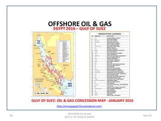 93 April 16
OFFSHORE OIL & GAS
REV (2) BY: KHALED SHERIF
OFFSHORE OIL & GAS
GULF OF SUEZ: OIL & GAS CONCESSION MAP - JANUARY 2016
https://energyegypt.files.wordpress.com/
EGYPT2016 – GULF OF SUEZ
 