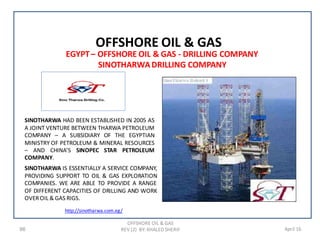 96 April 16
OFFSHORE OIL & GAS
REV (2) BY: KHALED SHERIF
OFFSHORE OIL & GAS
EGYPT– OFFSHORE OIL & GAS - DRILLING COMPANY
SINOTHARWADRILLING COMPANY
SINOTHARWA HAD BEEN ESTABLISHED IN 2005 AS
A JOINT VENTURE BETWEEN THARWA PETROLEUM
COMPANY – A SUBSIDIARY OF THE EGYPTIAN
MINISTRY OF PETROLEUM & MINERAL RESOURCES
– AND CHINA’S SINOPEC STAR PETROLEUM
COMPANY.
SINOTHARWA IS ESSENTIALLY A SERVICE COMPANY,
PROVIDING SUPPORT TO OIL & GAS EXPLORATION
COMPANIES. WE ARE ABLE TO PROVIDE A RANGE
OF DIFFERENT CAPACITIES OF DRILLING AND WORK
OVEROIL & GAS RIGS.
http://sinotharwa.com.eg/
 