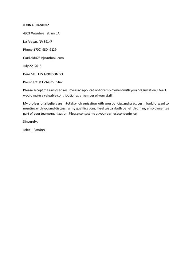 John J. Ramirez. LVA Group. Cover Letter.