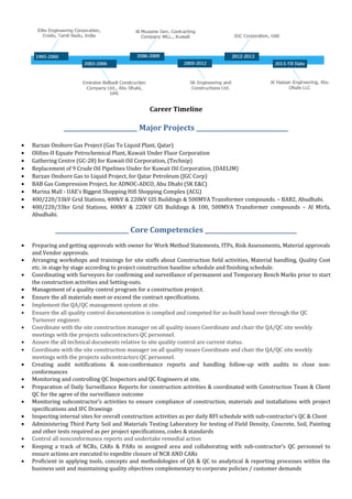 Career Timeline
________________________ Major Projects ______________________________
• Barzan Onshore Gas Project (Gas To Liquid Plant, Qatar)
• Olifins-II Equate Petrochemical Plant, Kuwait Under Fluor Corporation
• Gathering Centre (GC-28) for Kuwait Oil Corporation, (Technip)
• Replacement of 9 Crude Oil Pipelines Under for Kuwait Oil Corporation, (DAELIM)
• Barzan Onshore Gas to Liquid Project, for Qatar Petroleum (JGC Corp)
• BAB Gas Compression Project, for ADNOC-ADCO, Abu Dhabi (SK E&C)
• Marina Mall - UAE’s Biggest Shopping Hifi Shopping Complex (ACG)
• 400/220/33kV Grid Stations, 400kV & 220kV GIS Buildings & 500MVA Transformer compounds. – BAB2, Abudhabi.
• 400/220/33kv Grid Stations, 400kV & 220kV GIS Buildings & 100, 500MVA Transformer compounds – Al Mirfa,
Abudhabi.
________________________ Core Competencies ______________________________
• Preparing and getting approvals with owner for Work Method Statements, ITPs, Risk Assessments, Material approvals
and Vendor approvals.
• Arranging workshops and trainings for site staffs about Construction field activities, Material handling, Quality Cost
etc. in stage by stage according to project construction baseline schedule and finishing schedule.
• Coordinating with Surveyors for confirming and surveillance of permanent and Temporary Bench Marks prior to start
the construction activities and Setting-outs.
• Management of a quality control program for a construction project.
• Ensure the all materials meet or exceed the contract specifications.
• Implement the QA/QC management system at site.
• Ensure the all quality control documentation is complied and competed for as-built hand over through the QC
Turnover engineer.
• Coordinate with the site construction manager on all quality issues Coordinate and chair the QA/QC site weekly
meetings with the projects subcontractors QC personnel.
• Assure the all technical documents relative to site quality control are current status.
• Coordinate with the site construction manager on all quality issues Coordinate and chair the QA/QC site weekly
meetings with the projects subcontractors QC personnel.
• Creating audit notifications & non-conformance reports and handling follow-up with audits to close non-
conformances
• Monitoring and controlling QC Inspectors and QC Engineers at site,
• Preparation of Daily Surveillance Reports for construction activities & coordinated with Construction Team & Client
QC for the agree of the surveillance outcome
• Monitoring subcontractor’s activities to ensure compliance of construction, materials and installations with project
specifications and IFC Drawings
• Inspecting internal sites for overall construction activities as per daily RFI schedule with sub-contractor’s QC & Client
• Administering Third Party Soil and Materials Testing Laboratory for testing of Field Density, Concrete, Soil, Painting
and other tests required as per project specifications, codes & standards
• Control all nonconformance reports and undertake remedial action
• Keeping a track of NCRs, CARs & PARs in assigned area and collaborating with sub-contractor’s QC personnel to
ensure actions are executed to expedite closure of NCR AND CARs
• Proficient in applying tools, concepts and methodologies of QA & QC to analytical & reporting processes within the
business unit and maintaining quality objectives complementary to corporate policies / customer demands
 