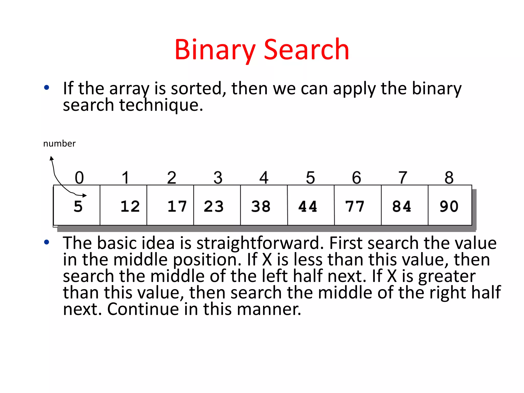 Binary Search
• If the array is sorted, then we can apply the binary
search technique.
number
• The basic idea is straightforward. First search the value
in the middle position. If X is less than this value, then
search the middle of the left half next. If X is greater
than this value, then search the middle of the right half
next. Continue in this manner.
55 12 17 23 38 44 77
0 1 2 3 4 5 6 7 8
84 90
 