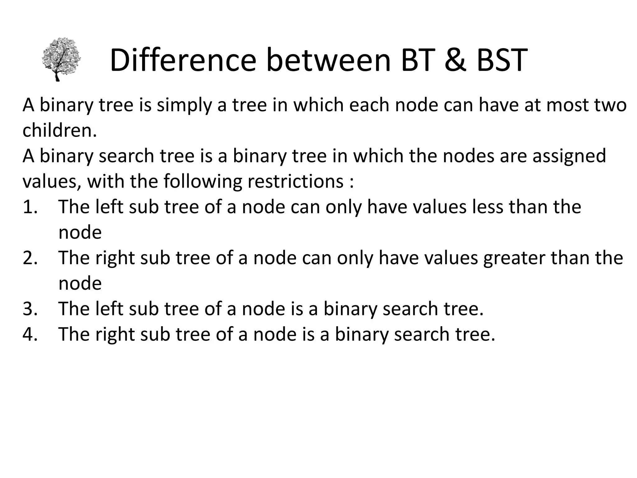 Difference between BT & BST
A binary tree is simply a tree in which each node can have at most two
children.
A binary search tree is a binary tree in which the nodes are assigned
values, with the following restrictions :
1. The left sub tree of a node can only have values less than the
node
2. The right sub tree of a node can only have values greater than the
node
3. The left sub tree of a node is a binary search tree.
4. The right sub tree of a node is a binary search tree.
 