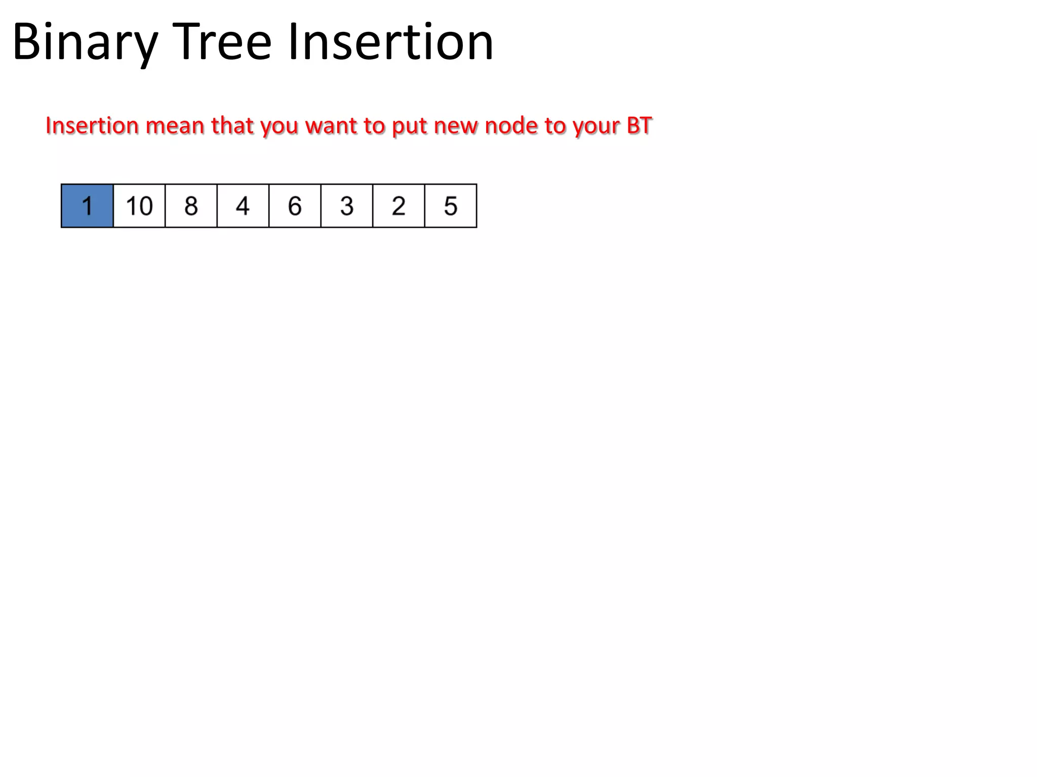Binary Tree Insertion
Insertion mean that you want to put new node to your BT
 