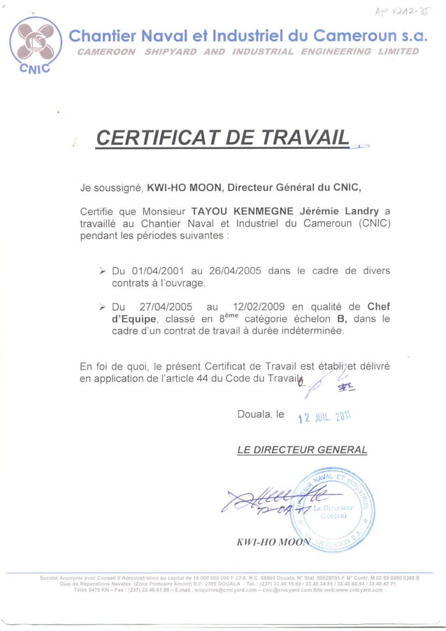 Certificat de travail CNIC