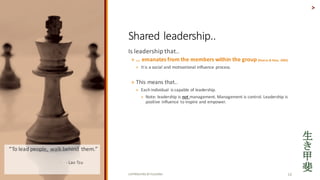 COPYRIGHTED	BY	FLOURISH 12
Is	leadership	that..
?  emanates	from	the	members	within	the	group	(Pearce	&	Sims,	2002)
? It	is	a	social	and	motivational	influence	process.	
? This	means	that..
? Each	individual	 is	capable	of	leadership.	
? Note:	leadership	is	not	management.	Management	is	control.	Leadership	is	
positive	influence	to	inspire	and	empower.	
>
Shared	leadership..	
To	lead	people,	 walk	behind	 them.	
? - Lao	Tzu
 