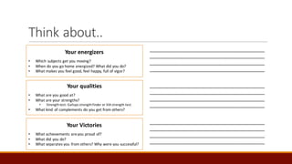 Your	energizers
? Which	subjects	get	you	moving?
? When	do	you	go	home	energized?	What	did	you	do?
? What	makes	you	feel	good,	feel	happy,	full	of	vigor?
Your	qualities
? What	are	you	good	at?
? What	are	your	strengths?
? Strength	test:	Gallups strength	finder	or	VIA	strength	test.
? What	kind	of	complements	do	you	get	from	others?	
Your	Victories	
? What	achievements	are	you	proud	of?	
? What	did	you	do?	
? What	separates	you	from	others?	Why	were	you	successful?	
Think	about..	
__________________________________________
__________________________________________
__________________________________________
__________________________________________
__________________________________________
__________________________________________
__________________________________________
__________________________________________
__________________________________________
__________________________________________
__________________________________________
__________________________________________
 