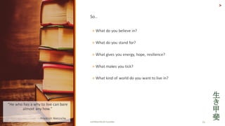 So..
? What	do	you	believe	in?	
? What	do	you	stand	for?	
? What	gives	you	energy,	hope,	resilience?	
? What	makes	you	tick?	
? What	kind	of	world	do	you	want	to	live	in?
11/19/15 COPYRIGHTED	BY	FLOURISH 21
>
He	who	has	a	why	to	live	can	bare	
almost	any	how.	
? - Friedrich	Nietzsche
 