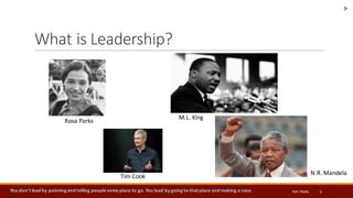 What	is	Leadership?
6You	dont	lead	by	pointing	and	telling	people	some	place	to	go.	You	lead	by	going	to	that	place	and	making	a	case. Ken	Kesey
>
Rosa	Parks
M.L.	King
Tim	Cook
N.R.	Mandela
 
