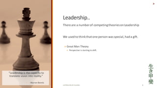 COPYRIGHTED	BY	FLOURISH 9
There	are	a	number	of	competing	theories	on	Leadership	
We	used	to	think	that	one	person	was	special,	had	a	gift.
? Great	Man	Theory
? Perspective	is	starting	to	shift.	
>
Leadership..
Leadership	is	the	capacity	to	
translate	vision	into	reality.	
? - Warren	Bennis
 