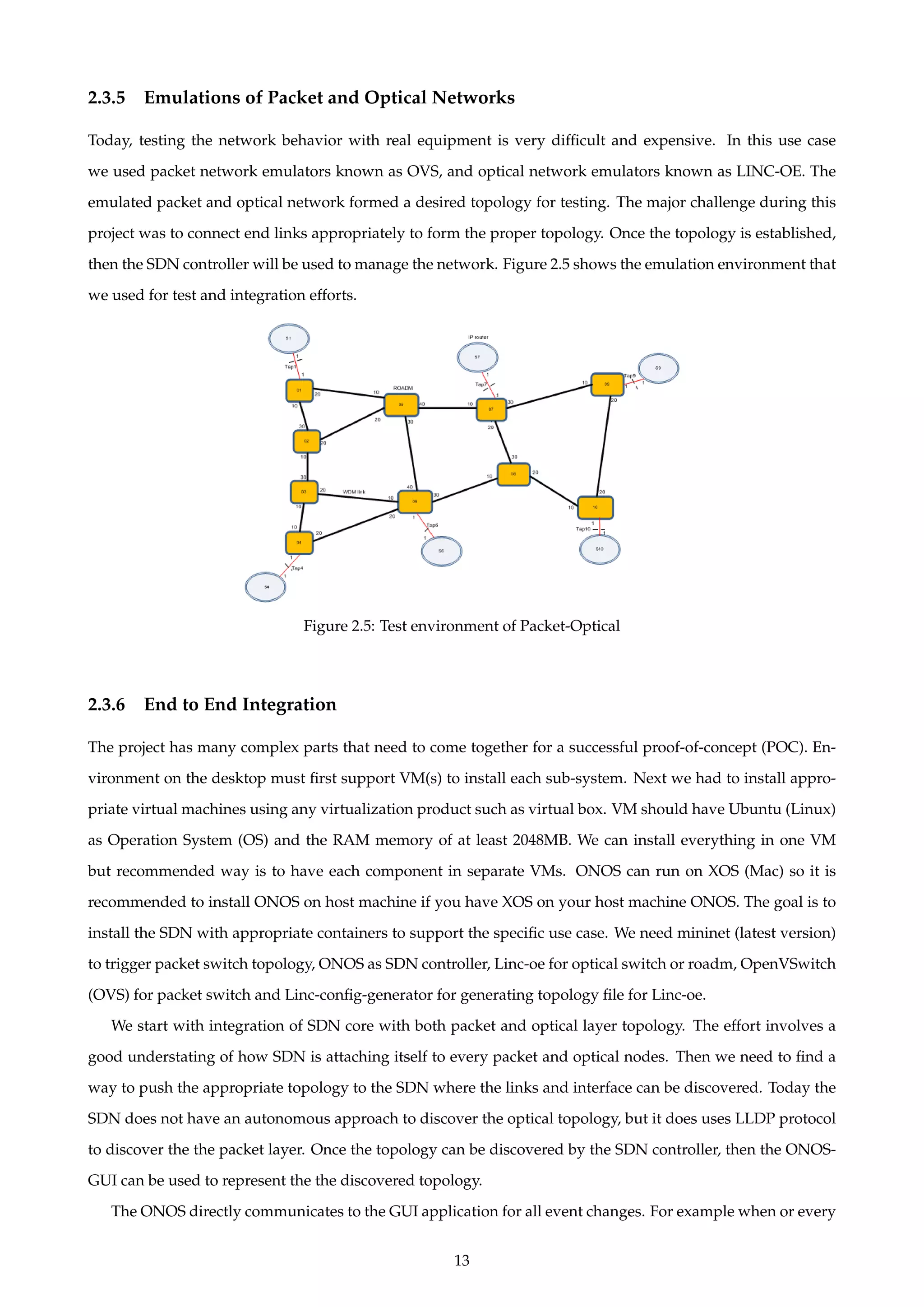 2.3.5 Emulations of Packet and Optical Networks
Today, testing the network behavior with real equipment is very difﬁcult and expensive. In this use case
we used packet network emulators known as OVS, and optical network emulators known as LINC-OE. The
emulated packet and optical network formed a desired topology for testing. The major challenge during this
project was to connect end links appropriately to form the proper topology. Once the topology is established,
then the SDN controller will be used to manage the network. Figure 2.5 shows the emulation environment that
we used for test and integration efforts.
Figure 2.5: Test environment of Packet-Optical
2.3.6 End to End Integration
The project has many complex parts that need to come together for a successful proof-of-concept (POC). En-
vironment on the desktop must ﬁrst support VM(s) to install each sub-system. Next we had to install appro-
priate virtual machines using any virtualization product such as virtual box. VM should have Ubuntu (Linux)
as Operation System (OS) and the RAM memory of at least 2048MB. We can install everything in one VM
but recommended way is to have each component in separate VMs. ONOS can run on XOS (Mac) so it is
recommended to install ONOS on host machine if you have XOS on your host machine ONOS. The goal is to
install the SDN with appropriate containers to support the speciﬁc use case. We need mininet (latest version)
to trigger packet switch topology, ONOS as SDN controller, Linc-oe for optical switch or roadm, OpenVSwitch
(OVS) for packet switch and Linc-conﬁg-generator for generating topology ﬁle for Linc-oe.
We start with integration of SDN core with both packet and optical layer topology. The effort involves a
good understating of how SDN is attaching itself to every packet and optical nodes. Then we need to ﬁnd a
way to push the appropriate topology to the SDN where the links and interface can be discovered. Today the
SDN does not have an autonomous approach to discover the optical topology, but it does uses LLDP protocol
to discover the the packet layer. Once the topology can be discovered by the SDN controller, then the ONOS-
GUI can be used to represent the the discovered topology.
The ONOS directly communicates to the GUI application for all event changes. For example when or every
13
 