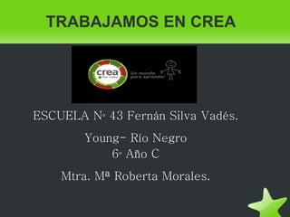 TRABAJAMOS EN CREA
ESCUELA N° 43 Fernán Silva Vadés.
Young- Río Negro
6° Año C
Mtra. Mª Roberta Morales.
 