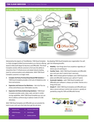 T2M CLOUD SERVICES – T2M Cloud Complete Overview
Delivered by the experts at Time2Market, T2M Cloud Complete
is a fully managed Unified Communications-as-a-Service offering
based on Microsoft Skype for Business and Office365. The Cloud
Complete solution affords customers of all sizes the ability to
streamline their IT infrastructure and adopt industry leading
tools for communications and collaboration. With T2M Cloud
Complete customers no longer need:
 Complex 3rd Party Premise/Cloud Based PBX Solutions—
T2M Cloud Complete provides a full suite of telephony solu-
tions and services.
 Expensive and Insecure Fax Machines— Get rid of fax ma-
chines and enhance your information security.
 Expensive 3rd Party Conferencing Solutions– T2M Cloud
Complete provides audio, video, web, and dial-in confer-
encing capabilities. With T2M Cloud Complete you can use
this to address conferencing or webinar needs of 3-250
attendees.
With T2M Cloud Complete and Office365 you can provide the
tools to your end-users that help them get the job done.
By adopting T2M Cloud Complete your organization You will
gain the following benefits:
 Mobility – Get things done from anywhere regardless of
device you are working on.
 Familiar Tools – With T2M Cloud Complete and Office365
your end-users don’t need to learn new tools.
 ROI – With limited upfront hardware costs T2M Cloud Com-
plete and Office365 maximize your upfront IT spend.
 Automatic Updates – with T2M Cloud Complete and
Office365 your software is always up-to-date. Patches are a
thing of the past.
 Simple IT – With T2M Cloud Complete and Office365 your
data is secure and your control over services is greatly ex-
panded by using the T2M and Office365 Portals.
All Native Skype for Business Workloads integrated with your Office365 Implementation
 Enterprise Voice
 Unified Messaging
 Email
 Document Collaboration
 Cloud Storage
 Mobility and BYOD
 