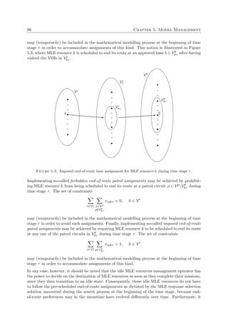 96 Chapter 5. Model Management
may (temporarily) be included in the mathematical modelling process at the beginning of time
stage τ in order to accommodate assignments of this kind. This notion is illustrated in Figure
5.3, where MLE resource k is scheduled to end its route at an approved base b ∈ Vb
kτ after having
visited the VOIs in Ve
kτ .
Vr
k
Ve
τ
Ve
kτ
Vb
Vb
kτ
b
Figure 5.3: Imposed end-of-route base assignment for MLE resource k during time stage τ.
Implementing so-called forbidden end-of-route patrol assignments may be achieved by prohibit-
ing MLE resource k from being scheduled to end its route at a patrol circuit ρ ∈ VpVp
kτ during
time stage τ. The set of constraints
i∈Ve
τ ρ∈Vp
ρ/∈Vp
kτ
xiρkτ = 0, k ∈ Vr
may (temporarily) be included in the mathematical modelling process at the beginning of time
stage τ in order to avoid such assignments. Finally, implementing so-called imposed end-of-route
patrol assignments may be achieved by requiring MLE resource k to be scheduled to end its route
at any one of the patrol circuits in Vp
kτ during time stage τ. The set of constraints
i∈Ve
τ ρ∈Vp
kτ
xiρkτ = 1, k ∈ Vr
may (temporarily) be included in the mathematical modelling process at the beginning of time
stage τ in order to accommodate assignments of this kind.
In any case, however, it should be noted that the idle MLE resources management operator has
the power to decide on the destination of MLE resources as soon as they complete their missions,
since they then transition to an idle state. Consequently, these idle MLE resources do not have
to follow the pre-scheduled end-of-route assignments as dictated by the MLE response selection
solution uncovered during the search process at the beginning of the time stage, because end-
of-route preferences may in the meantime have evolved diﬀerently over time. Furthermore, it
 