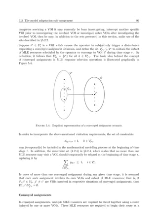 5.3. The model adaptation sub-component 99
completes servicing a VOI it may currently be busy investigating, intercept another speciﬁc
VOI prior to investigating the involved VOI or investigate other VOIs after investigating the
involved VOI, then he may, in addition to the sets presented in this section, make use of the
sets described in §5.2.2.
Suppose i∗ ∈ Ve
τ is a VOI which causes the operator to subjectively trigger a disturbance
requesting a converged assignment situation, and deﬁne the set Vr
i∗τ ⊆ Vr to contain the subset
of MLE resources scheduled by the operator to converge to VOI i∗ during time stage τ. By
deﬁnition, it follows that Ve
kτ = {i∗} for all k ∈ Vr
i∗τ . The basic idea behind the concept
of converged assignments in MLE response selection operations is illustrated graphically in
Figure 5.4.
Vr
Vr
i∗τ
Ve
τ
i∗
Figure 5.4: Graphical representation of a converged assignment scenario.
In order to incorporate the above-mentioned visitation requirements, the set of constraints
x0ki∗kτ = 1, k ∈ Vr
i∗τ
may (temporarily) be included in the mathematical modelling process at the beginning of time
stage τ. In addition, the constraint set (4.2.4) in §4.2.4, which states that no more than one
MLE resource may visit a VOI, should temporarily be relaxed at the beginning of time stage τ,
replacing it by
k∈Vr
k/∈Vr
i∗τ
yikτ ≤ 1, i ∈ Ve
τ .
In cases of more than one converged assignment during any given time stage, it is assumed
that each such assignment involves its own VOIs and subset of MLE resources; that is, if
i∗, j∗ ∈ Ve
τ , j∗ = i∗ are VOIs involved in respective situations of converged assignments, then
Vr
i∗τ ∩ Vr
j∗τ = ∅.
Convoyed assignments
In convoyed assignments, multiple MLE resources are required to travel together along a route
induced by one or more VOIs. These MLE resources are required to begin their route at a
 