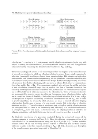 7.6. Multiobjective genetic algorithm methodology 165
2 7 0 4 10 5 0 3 11
Parent 1 solution
6 0 1 5 0 8 12
Parent 2 solution
2 7 4 10 5 3 11
Parent 1 chromosome
6 1 5 8 12
Parent 2 chromosome
6 1 4 10 5 3 11
Oﬀspring 1 chromosome
2 7 5 8 12
Oﬀspring 2 chromosome
6 1 0 4 10 5 0 3 11
Oﬀspring 1 solution
2 0 7 5 0 8 12
Oﬀspring 2 solution
Figure 7.18: Procedure (successfully) completed during the ﬁrst sub-process of the proposed crossover
operator.
value by one (i.e. setting M = 2) produces two feasible oﬀspring chromosomes (again, only with
respect to testing for duplicate entries), which may then be converted back into an appropriate
solution format by reinserting the delimiter cells with the sets Ro1 and Ro2 .
The second (backup) sub-process of the crossover procedure was inspired by the natural concept
of asexual reproduction, in which an oﬀspring solution is created from a single organism by
inheriting (presumably good) genes from a single parent solution. This sub-process is therefore
conducted for each parent solution independently. In this procedure, clones are deﬁned as pairs
of individuals which possess identical chromosome strings. Without loss of generality, this second
sub-process is described for oﬀspring o1 only, and works as follows. First, let o1 be conﬁgured as a
clone of p2, and let Ro1 = Rp2
. Two elements are randomly selected from the set Ro1 such that
at least one of these elements is larger than, or equal to, one. One of these two elements is then
randomly selected (unless one of the elements is zero, in which case the other one is selected) and
one is subtracted from it, while one is added to the other element. These new numbers of routes
are implemented in order to convert the oﬀspring chromosome to an oﬀspring solution, and a
test is carried out for overall feasibility. If the oﬀspring solution is infeasible, Ro1 is reset to Rp2
and the process is repeated by selecting two random elements from the set Ro1 , and so forth.
In genetic algorithms, the process by which attempts are made to convert infeasible oﬀspring
solutions into feasible ones by means of a local search operator falls in the class of education
operators (see §2.4.1). This sub-process is terminated once a complete feasible oﬀspring solution
has been generated (i.e. once it has successfully been educated), or a pre-determined number
of attempts Omax have been made. In the former case, the oﬀspring solution is added to the
oﬀspring population, while in the latter case the overall crossover procedure is aborted.
An illustrative description of a procedure conducted during the second sub-process of the
crossover operator is presented in Figure 7.19. Here, the oﬀspring chromosome string is ini-
tially identical to the parent chromosome string, and Ro = Rp = {1, 2, 2}. The ﬁrst and third
elements of this set are then randomly selected and one is subtracted from the third element,
while one is added to the ﬁrst element, resulting in Ro = {2, 2, 1}. A pseudo-code description
of the overall crossover procedure is provided in Algorithm 7.6.
 
