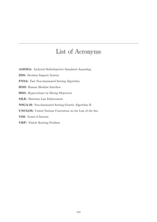 List of Acronyms
AMOSA: Archived Multiobjective Simulated Annealing
DSS: Decision Support System
FNSA: Fast Non-dominated Sorting Algorithm
HMI: Human Machine Interface
HSO: Hypervolume by Slicing Objectives
MLE: Maritime Law Enforcement
NSGA-II: Non-dominated Sorting Genetic Algorithm II
UNCLOS: United Nations Convention on the Law of the Sea
VOI: Vessel of Interest
VRP: Vehicle Routing Problem
xxi
 