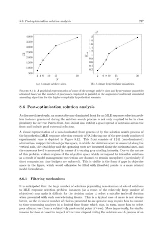 8.6. Post-optimisation solution analysis 217
2 4 6 10 15 30
500
1,000
1,500
2,000
2,500
3,000
3,500
4,000
N
|A|
(a) Average archive sizes.
2 6 8 10 15 30
0.2
0.4
0.6
0.8
1
1.2
1.4
1.6
1.8
2
·106
N
Hvol
(b) Average hypervolume quantities.
Figure 8.11: A graphical representation of some of the average archive sizes and hypervolume quantities
obtained based on the number of processors employed in parallel in the augmented multistart simulated
annealing algorithm for the higher-complexity hypothetical scenario.
8.6 Post-optimisation solution analysis
As discussed previously, an acceptable non-dominated front for an MLE response selection prob-
lem instance generated during the solution search process is not only required to be in close
proximity to the true Pareto front, but should also exhibit a good spread of solutions across the
front and include good extremal solutions.
A visual representation of a non-dominated front generated by the solution search process of
the hypothetical MLE response selection scenario of §8.3 during one of the previously conducted
experimental runs is depicted in Figure 8.12. This front consists of 1 249 (non-dominated)
alternatives, mapped in tetra-objective space, in which the visitation score is measured along the
vertical axis, the total delay and the operating costs are measured along the horizontal axes, and
the consensus level is measured by means of a varying grey shading intensity. Due to the nature
of this problem, certain regions of the objective space which correspond to infeasible solutions
as a result of model management restrictions are doomed to remain unexplored (particularly if
short computation time budgets are enforced). This is visible in the form of gaps in objective
space in the ﬁgure, which would otherwise be ﬁlled with (feasible) points in a more relaxed
model formulation.
8.6.1 Filtering mechanisms
It is anticipated that the large number of solutions populating non-dominated sets of solutions
to MLE response selection problem instances (as a result of the relatively large number of
objectives) may make it diﬃcult for the decision maker to select a suitable trade-oﬀ decision
when presented with such overwhelming fronts. This is a typical case of more is not always
better, as the excessive number of choices presented to an operator may require him to commit
to time-consuming analyses in a limited time frame which may, in turn, cause him to select
poor alternatives (from a subjectively preferential point of view). More importantly, for similar
reasons to those stressed in respect of the time elapsed during the solution search process of an
 