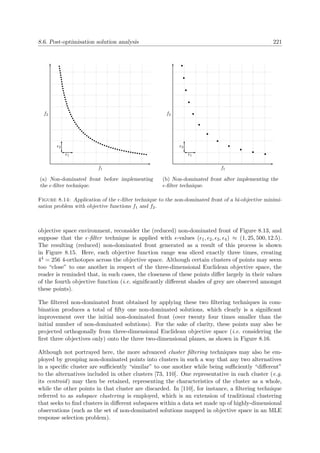 8.6. Post-optimisation solution analysis 221
f1
f2
2
1
(a) Non-dominated front before implementing
the -ﬁlter technique.
f1
f2
2
1
(b) Non-dominated front after implementing the
-ﬁlter technique.
Figure 8.14: Application of the -ﬁlter technique to the non-dominated front of a bi-objective minimi-
sation problem with objective functions f1 and f2.
objective space environment, reconsider the (reduced) non-dominated front of Figure 8.13, and
suppose that the -ﬁlter technique is applied with -values ( 1, 2, 3, 4) ≈ (1, 25, 500, 12.5).
The resulting (reduced) non-dominated front generated as a result of this process is shown
in Figure 8.15. Here, each objective function range was sliced exactly three times, creating
44 = 256 4-orthotopes across the objective space. Although certain clusters of points may seem
too “close” to one another in respect of the three-dimensional Euclidean objective space, the
reader is reminded that, in such cases, the closeness of these points diﬀer largely in their values
of the fourth objective function (i.e. signiﬁcantly diﬀerent shades of grey are observed amongst
these points).
The ﬁltered non-dominated front obtained by applying these two ﬁltering techniques in com-
bination produces a total of ﬁfty one non-dominated solutions, which clearly is a signiﬁcant
improvement over the initial non-dominated front (over twenty four times smaller than the
initial number of non-dominated solutions). For the sake of clarity, these points may also be
projected orthogonally from three-dimensional Euclidean objective space (i.e. considering the
ﬁrst three objectives only) onto the three two-dimensional planes, as shown in Figure 8.16.
Although not portrayed here, the more advanced cluster ﬁltering techniques may also be em-
ployed by grouping non-dominated points into clusters in such a way that any two alternatives
in a speciﬁc cluster are suﬃciently “similar” to one another while being suﬃciently “diﬀerent”
to the alternatives included in other clusters [73, 110]. One representative in each cluster (e.g.
its centroid) may then be retained, representing the characteristics of the cluster as a whole,
while the other points in that cluster are discarded. In [110], for instance, a ﬁltering technique
referred to as subspace clustering is employed, which is an extension of traditional clustering
that seeks to ﬁnd clusters in diﬀerent subspaces within a data set made up of highly-dimensional
observations (such as the set of non-dominated solutions mapped in objective space in an MLE
response selection problem).
 