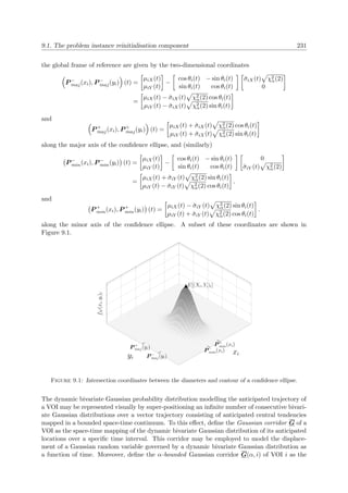 9.1. The problem instance reinitialisation component 231
the global frame of reference are given by the two-dimensional coordinates
P −
maj(xi), P −
maj(yi) (t) =
µiX(t)
µiY (t)
−
cos θi(t) − sin θi(t)
sin θi(t) cos θi(t)
˘σiX(t) χ2
α(2)
0
=
µiX(t) − ˘σiX(t) χ2
α(2) cos θi(t)
µiY (t) − ˘σiX(t) χ2
α(2) sin θi(t)
and
P +
maj(xi), P +
maj(yi) (t) =
µiX(t) + ˘σiX(t) χ2
α(2) cos θi(t)
µiY (t) + ˘σiX(t) χ2
α(2) sin θi(t)
along the major axis of the conﬁdence ellipse, and (similarly)
P −
min(xi), P −
min(yi) (t) =
µiX(t)
µiY (t)
−
cos θi(t) − sin θi(t)
sin θi(t) cos θi(t)
0
˘σiY (t) χ2
α(2)
=
µiX(t) + ˘σiY (t) χ2
α(2) sin θi(t)
µiY (t) − ˘σiY (t) χ2
α(2) cos θi(t)
.
and
P +
min(xi), P +
min(yi) (t) =
µiX(t) − ˘σiY (t) χ2
α(2) sin θi(t)
µiY (t) + ˘σiY (t) χ2
α(2) cos θi(t)
.
along the minor axis of the conﬁdence ellipse. A subset of these coordinates are shown in
Figure 9.1.
E[(Xi, Yi)t]
fN(xi,yi)t
P −
min(xi)
P +
min(xi)
P −
maj(yi)
P +
maj(yi)
yi
xi
Figure 9.1: Intersection coordinates between the diameters and contour of a conﬁdence ellipse.
The dynamic bivariate Gaussian probability distribution modelling the anticipated trajectory of
a VOI may be represented visually by super-positioning an inﬁnite number of consecutive bivari-
ate Gaussian distributions over a vector trajectory consisting of anticipated central tendencies
mapped in a bounded space-time continuum. To this eﬀect, deﬁne the Gaussian corridor G of a
VOI as the space-time mapping of the dynamic bivariate Gaussian distribution of its anticipated
locations over a speciﬁc time interval. This corridor may be employed to model the displace-
ment of a Gaussian random variable governed by a dynamic bivariate Gaussian distribution as
a function of time. Moreover, deﬁne the α-bounded Gaussian corridor G(α, i) of VOI i as the
 