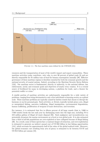 1.1. Background 3
Land
Sea
Territorial sea
(12 nm)
Contiguous zone
(12 nm)
EEZ
(188 nm)
High seas
Baseline
Figure 1.1: The four maritime zones deﬁned by the UNCLOS [151].
resources and the transportation of most of the world’s import and export commodities. These
maritime activities today contribute, inter alia, to over 90 percent of global trade [8] and are
directly responsible for 91 million tons of food for human consumption annually [39]. Eﬀective
governance of these maritime regions is therefore essential for both the economic growth and the
national security of coastal nations. Indeed, according to the Maritime Security Sector Reform
[124], “the maritime sector is fundamental, directly or indirectly, to the national defense, law
enforcement, social, and economic goals and objectives of nearly every country. It is a crucial
source of livelihood for many in developing nations, a platform for trade, and a theater for
potential conﬂict or crime.”
A sizable portion of maritime activities are unfortunately responsible for a wide variety of
problems, ranging from being detrimental to only a few individuals to harming society on a global
scale. These maritime problems are typically caused by lawless vessels that choose to disrupt the
harmony at sea for personal gain. Such activities, or threats, typically include piracy acts, illegal
or unregulated ﬁshing, narcotics traﬃcking, illegal immigration, environmental degradation,
human traﬃcking, proliferation of weapons of mass destruction, and terrorism.
For instance, it is estimated that ﬁve to ﬁfteen percent of all large vessels (that is, 5 000 to
7 500 vessels) break the law each year by discharging waste into the high seas, including 70 to
210 million gallons of illegal oil waste disposal [92]. Such negligence and inconsideration can
potentially devastate the marine environment on a local or even global scale. It is also estimated
that a third of all ﬁsh populations are over-exploited or have collapsed because of illegal ﬁshing
[39]. As a result, some of these species face a constant danger of extinction, and over-exploitation
is estimated to generate an indirect annual cost of US $50 billion in lost ﬁshing opportunities
[111], which accounts for approximately half of the value of the global seafood trade. Moreover,
the global economic cost resulting from acts of piracy is estimated to lie between US $7 and
US $12 billion per annum [10].
 