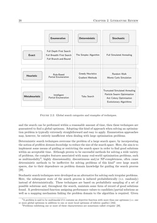 20 Chapter 2. Literature Review
StochasticDeterministicEnumerative
Exact
Heuristic
Metaheuristic
Full Depth First Search
Full Breadth First Search
Full Branch-and-Bound
The Simplex Algorithm Full Simulated Annealing
Rule-Based
Partial Enumeration
Greedy Heuristics
Gradient Methods
Random Walk
Monte Carlo Simulation
Intelligent
Partial Enumeration
Tabu Search
Truncated Simulated Annealing
Particle Swarm Optimisation
Ant Colony Optimisation
Evolutionary Algorithms
Figure 2.2: Global search categories and examples of techniques.
and the search can be performed within a reasonable amount of time, then these techniques are
guaranteed to ﬁnd a global optimum. Adopting this kind of approach when solving an optimisa-
tion problem is typically extremely straightforward and easy to apply. Enumeration approaches
may, however, be entirely insuﬃcient when dealing with large optimisation problems.
Deterministic search techniques overcome the problem of a large search space, by incorporating
the notion of problem domain knowledge to reduce the size of the search space. Here, the aim is to
implement some means of guiding or restricting the search space in order to ﬁnd good solutions
within an acceptable time. Although proven to be successful methods for solving a wide variety
of problems, the complex features associated with many real-world optimisation problems, such
as multimodality3, highly dimensionality, discontinuous and/or NP-completeness, often cause
deterministic methods to be ineﬀective for solving problems of this kind4 over large search
spaces, due to their dependence on problem domain knowledge for guiding the search process
[29].
Stochastic search techniques were developed as an alternative for solving such irregular problems.
Here, the subsequent state of the search process is induced probabilistically (i.e. randomly)
instead of deterministically. These techniques are based on probabilistic sampling of a set of
possible solutions and, throughout the search, maintain some form of record of good solutions
found. A predetermined function assigning performance values to candidate/partial solutions as
well as a mapping mechanism linking the problem domain to the algorithm is required. Given
3
A problem is said to be multimodal if it contains an objective function with more than one optimum (i.e. one
or more global optimum in addition to one or more local optimum of inferior quality) [162].
4
Problems exhibiting one or more of these characteristics are sometimes called irregular [29].
 