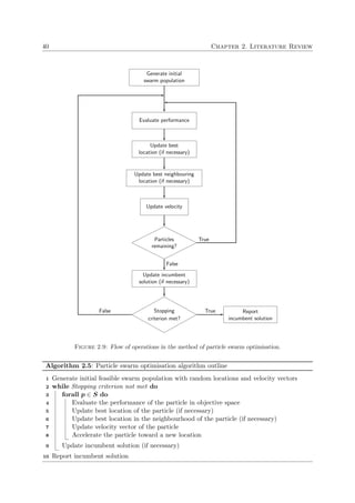 40 Chapter 2. Literature Review
Generate initial
swarm population
Evaluate performance
Update best
location (if necessary)
Update best neighbouring
location (if necessary)
Update velocity
Particles
remaining?
True
False
Update incumbent
solution (if necessary)
Stopping
criterion met?
False Report
incumbent solution
True
Figure 2.9: Flow of operations in the method of particle swarm optimisation.
Algorithm 2.5: Particle swarm optimisation algorithm outline
Generate initial feasible swarm population with random locations and velocity vectors1
while Stopping criterion not met do2
forall p ∈ S do3
Evaluate the performance of the particle in objective space4
Update best location of the particle (if necessary)5
Update best location in the neighbourhood of the particle (if necessary)6
Update velocity vector of the particle7
Accelerate the particle toward a new location8
Update incumbent solution (if necessary)9
Report incumbent solution10
 
