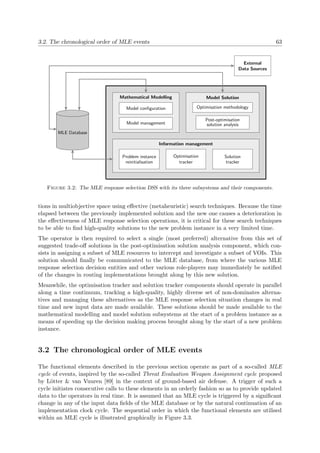 3.2. The chronological order of MLE events 63
Mathematical Modelling Model Solution
Model conﬁguration
Model management
Optimisation methodology
Post-optimisation
solution analysis
MLE Database
External
Data Sources
Information management
Optimisation
tracker
Problem instance
reinitialisation
Solution
tracker
Figure 3.2: The MLE response selection DSS with its three subsystems and their components.
tions in multiobjective space using eﬀective (metaheuristic) search techniques. Because the time
elapsed between the previously implemented solution and the new one causes a deterioration in
the eﬀectiveness of MLE response selection operations, it is critical for these search techniques
to be able to ﬁnd high-quality solutions to the new problem instance in a very limited time.
The operator is then required to select a single (most preferred) alternative from this set of
suggested trade-oﬀ solutions in the post-optimisation solution analysis component, which con-
sists in assigning a subset of MLE resources to intercept and investigate a subset of VOIs. This
solution should ﬁnally be communicated to the MLE database, from where the various MLE
response selection decision entities and other various role-players may immediately be notiﬁed
of the changes in routing implementations brought along by this new solution.
Meanwhile, the optimisation tracker and solution tracker components should operate in parallel
along a time continuum, tracking a high-quality, highly diverse set of non-dominates alterna-
tives and managing these alternatives as the MLE response selection situation changes in real
time and new input data are made available. These solutions should be made available to the
mathematical modelling and model solution subsystems at the start of a problem instance as a
means of speeding up the decision making process brought along by the start of a new problem
instance.
3.2 The chronological order of MLE events
The functional elements described in the previous section operate as part of a so-called MLE
cycle of events, inspired by the so-called Threat Evaluation Weapon Assignment cycle proposed
by L¨otter & van Vuuren [89] in the context of ground-based air defense. A trigger of such a
cycle initiates consecutive calls to these elements in an orderly fashion so as to provide updated
data to the operators in real time. It is assumed that an MLE cycle is triggered by a signiﬁcant
change in any of the input data ﬁelds of the MLE database or by the natural continuation of an
implementation clock cycle. The sequential order in which the functional elements are utilised
within an MLE cycle is illustrated graphically in Figure 3.3.
 