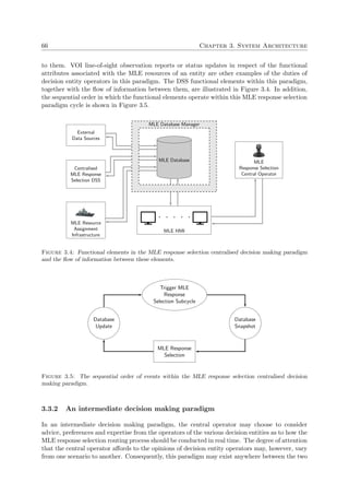 66 Chapter 3. System Architecture
to them. VOI line-of-sight observation reports or status updates in respect of the functional
attributes associated with the MLE resources of an entity are other examples of the duties of
decision entity operators in this paradigm. The DSS functional elements within this paradigm,
together with the ﬂow of information between them, are illustrated in Figure 3.4. In addition,
the sequential order in which the functional elements operate within this MLE response selection
paradigm cycle is shown in Figure 3.5.
MLE Database
External
Data Sources
MLE Resource
Assignment
Infrastructure
Centralised
MLE Response
Selection DSS
MLE HMI
MLE
Response Selection
Central Operator
MLE Database Manager
Figure 3.4: Functional elements in the MLE response selection centralised decision making paradigm
and the ﬂow of information between these elements.
Trigger MLE
Response
Selection Subcycle
Database
Snapshot
MLE Response
Selection
Database
Update
Figure 3.5: The sequential order of events within the MLE response selection centralised decision
making paradigm.
3.3.2 An intermediate decision making paradigm
In an intermediate decision making paradigm, the central operator may choose to consider
advice, preferences and expertise from the operators of the various decision entities as to how the
MLE response selection routing process should be conducted in real time. The degree of attention
that the central operator aﬀords to the opinions of decision entity operators may, however, vary
from one scenario to another. Consequently, this paradigm may exist anywhere between the two
 