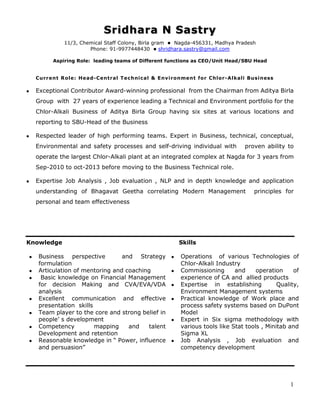 1
Sridhara N Sastry
11/3, Chemical Staff Colony, Birla gram Nagda-456331, Madhya Pradesh
Phone: 91-9977448430 shridhara.sastry@gmail.com
Aspiring Role: leading teams of Different functions as CEO/Unit Head/SBU Head
Current Role: Head-Central Technical & Environment for Chlor-Alkali Business
Exceptional Contributor Award-winning professional from the Chairman from Aditya Birla
Group with 27 years of experience leading a Technical and Environment portfolio for the
Chlor-Alkali Business of Aditya Birla Group having six sites at various locations and
reporting to SBU-Head of the Business
Respected leader of high performing teams. Expert in Business, technical, conceptual,
Environmental and safety processes and self-driving individual with proven ability to
operate the largest Chlor-Alkali plant at an integrated complex at Nagda for 3 years from
Sep-2010 to oct-2013 before moving to the Business Technical role.
Expertise Job Analysis , Job evaluation , NLP and in depth knowledge and application
understanding of Bhagavat Geetha correlating Modern Management principles for
personal and team effectiveness
Knowledge Skills
Business perspective and Strategy
formulation
Articulation of mentoring and coaching
Basic knowledge on Financial Management
for decision Making and CVA/EVA/VDA
analysis
Excellent communication and effective
presentation skills
Team player to the core and strong belief in
people’ s development
Competency mapping and talent
Development and retention
Reasonable knowledge in “ Power, influence
and persuasion”
Operations of various Technologies of
Chlor-Alkali Industry
Commissioning and operation of
experience of CA and allied products
Expertise in establishing Quality,
Environment Management systems
Practical knowledge of Work place and
process safety systems based on DuPont
Model
Expert in Six sigma methodology with
various tools like Stat tools , Minitab and
Sigma XL
Job Analysis , Job evaluation and
competency development
 